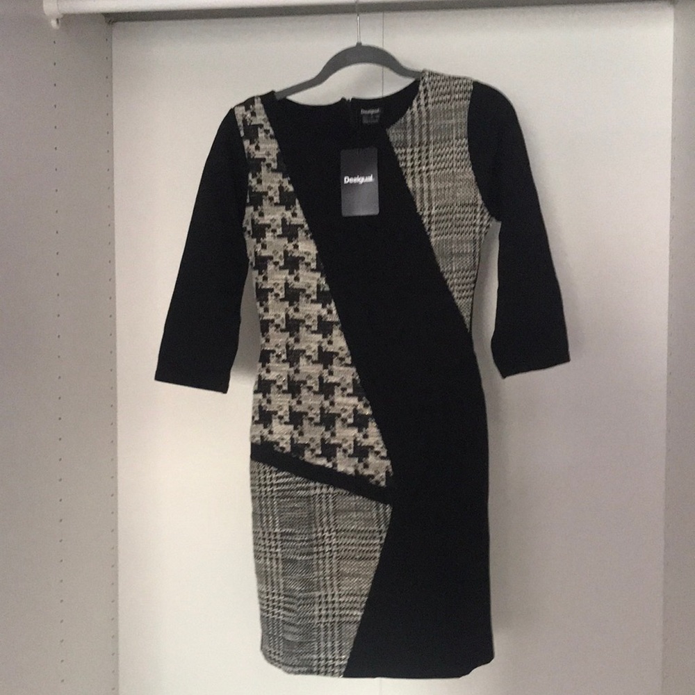 Desigual Women's Lara 3/4 Sleeve Check Panel Dress new with tag